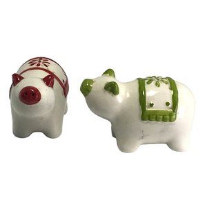 White Ceramic Pig Salt and Pepper Shakers Red Green Accents Plastic Stoppers